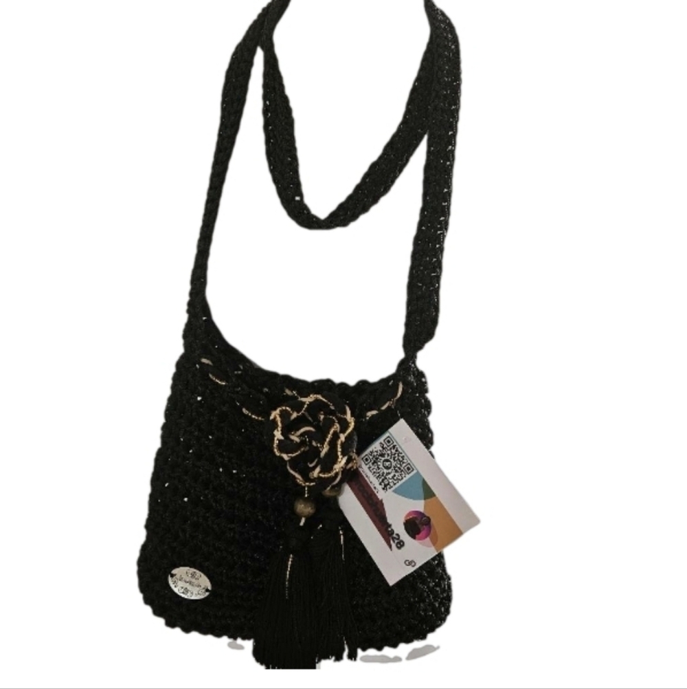 Hand Crafted Crochet Bucket Bag Tassel Beaded Drawstring Crossbody Purse Black
